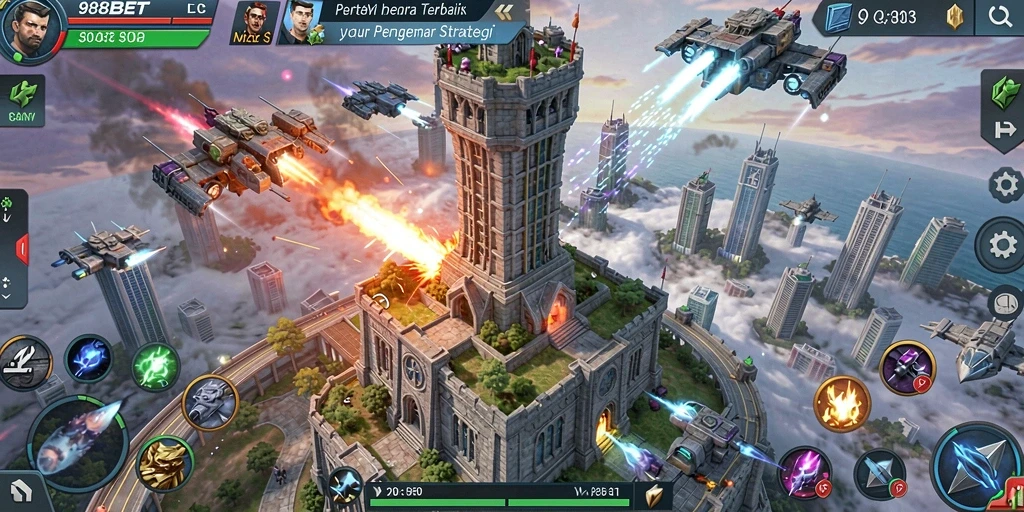 Tampilan gameplay menegangkan di 988BET dengan strategi Tower Defense.
