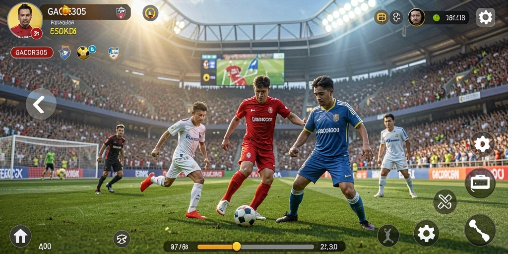Tampilan gameplay GACOR305 yang intens dan realistis dalam pertandingan sepak bola.