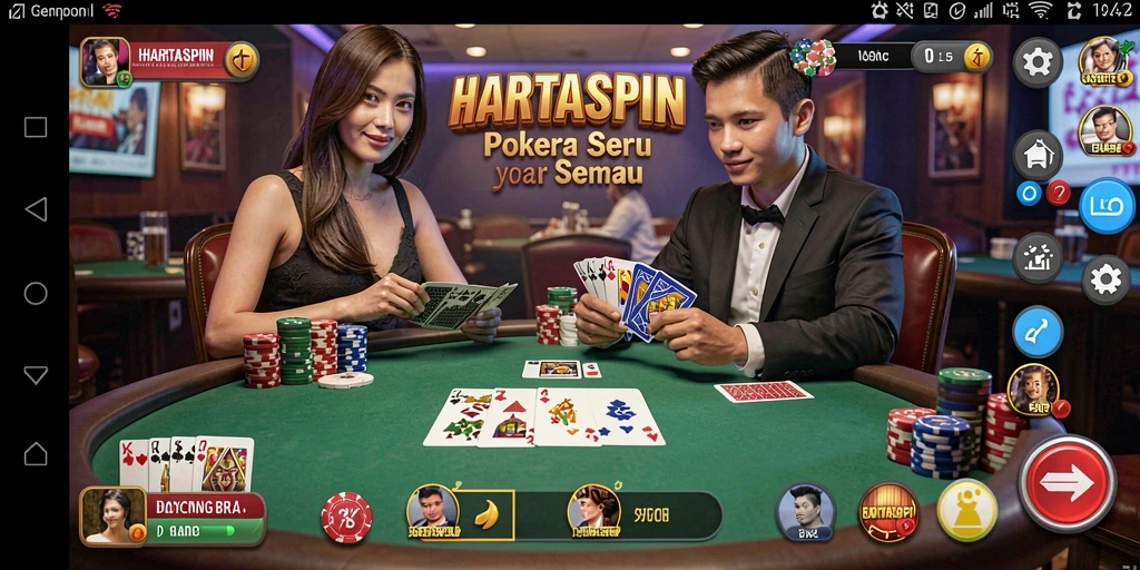 Screenshot gameplay seru HARTASPIN menampilkan aksi poker yang mendebarkan.