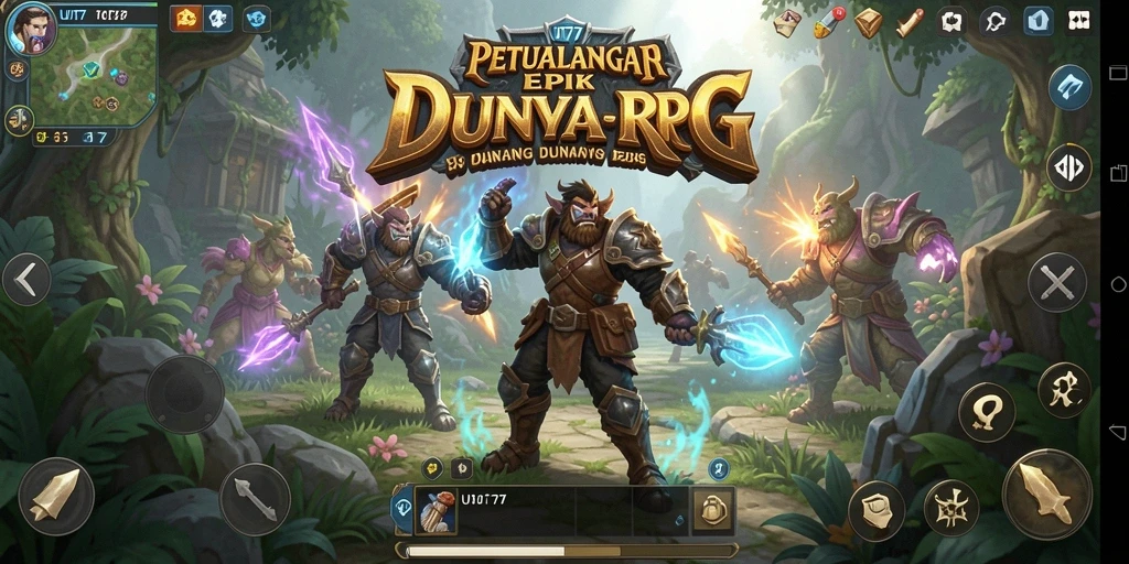 Screenshot utama UT77 menampilkan aksi heroik dalam petualangan RPG.