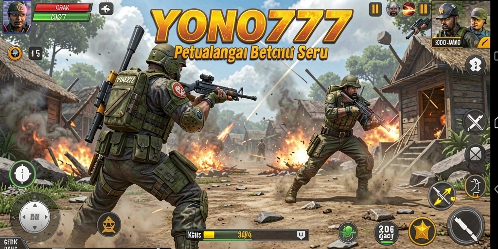 Screenshot utama YONO777 menampilkan aksi bertempur yang intens dan mendebarkan.